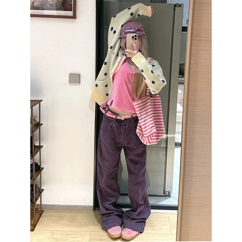 LIZAKOSHT  -  Autumn Winter Women's Purple High-Waisted Wide-Leg Jeans, Casual Loose-Fit Straight-Leg Denim Pants with Belt, Trendy Streetwear