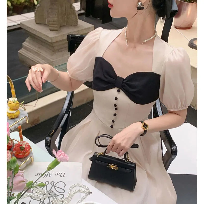LIZAKOSHT  -  Vintage Elegant Princess Style Dresses Women Square Collar Puff Sleeve Evening Party Bow Dresses Korea Sweet One-Piece Dress New