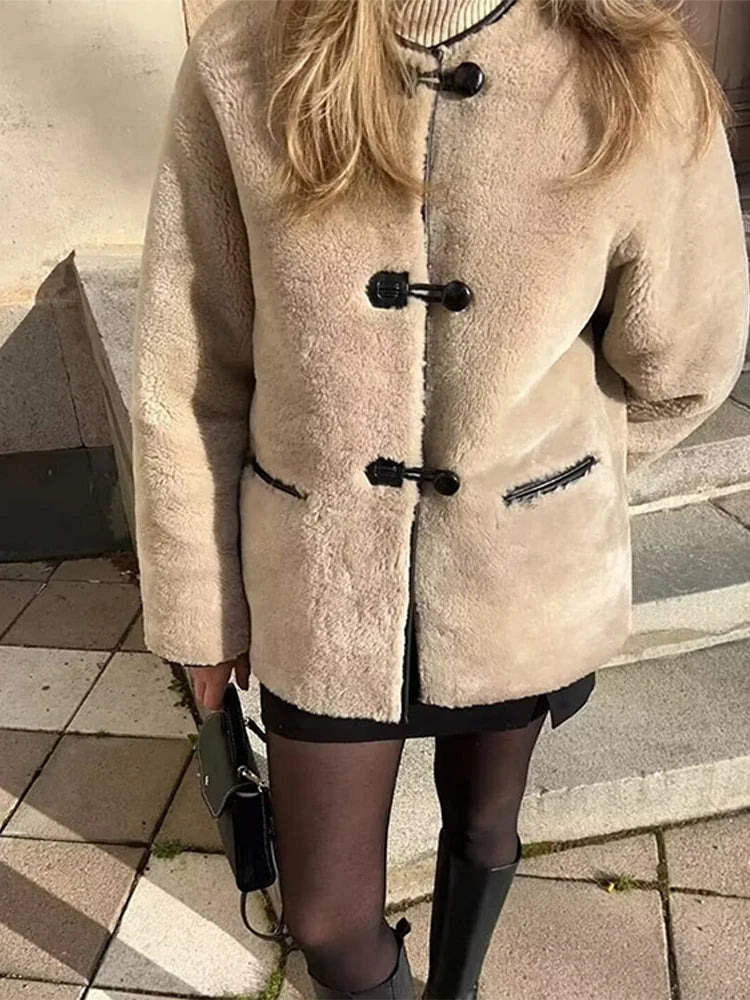 LIZAKOSHT  -  Mid Length Leather Fur One-Piece Jacket Coat Knot Buckle Lamb Faux Fur Overcoat Round Neck Women Classic Two Wear Outwear Top