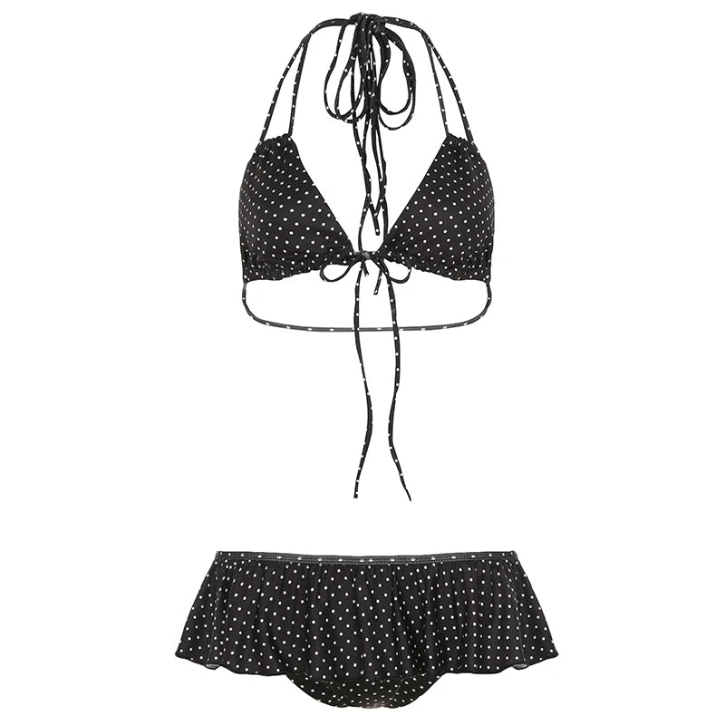 LIZAKOSHT  -  Women Polka Dot Bikini Set Beaches Style Lace-up Halter Camisole and Ruffled Triangle Pants Two Piece Set Vacation
