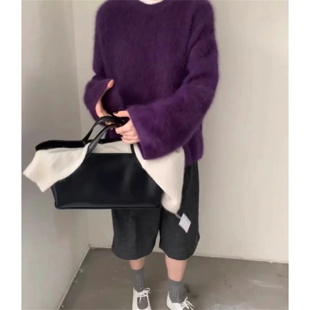 LIZAKOSHT  -   New Elegant Lady Autumn Winter Yellow Soft Mohair Knitted Loose Pullover Fashion Women O Neck Thick Long Sleeve Warm Sweater Top