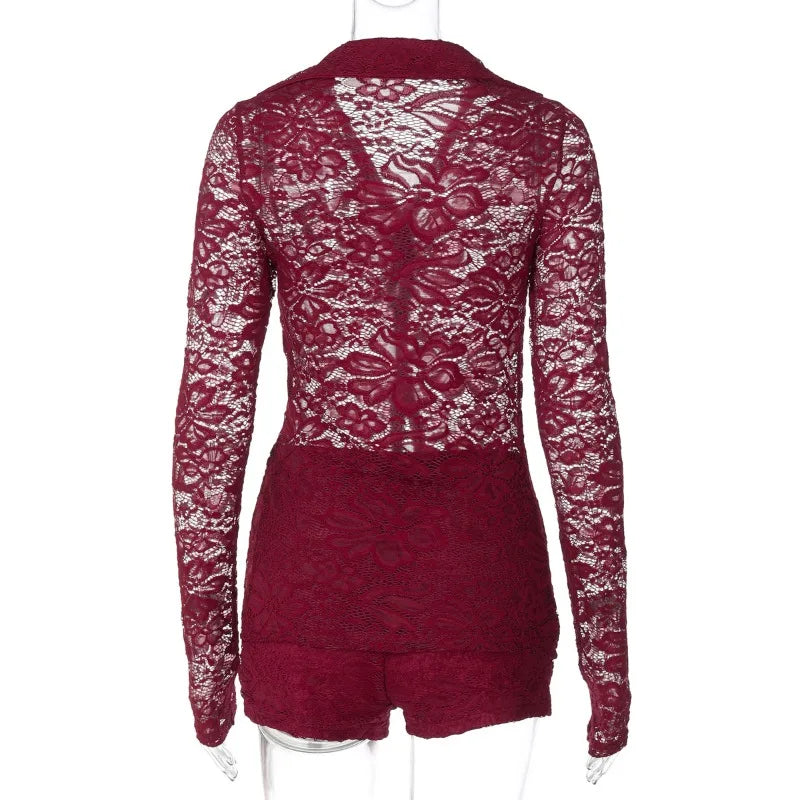 LIZAKOSHT  -  Autumn Women See Through Lace 2 Piece Set Turn Down Collar Long Sleeve Single Breasted Shirt Cardigan Top + Shorts Suit