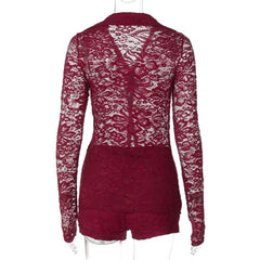 LIZAKOSHT  -  Autumn Women See Through Lace 2 Piece Set Turn Down Collar Long Sleeve Single Breasted Shirt Cardigan Top + Shorts Suit