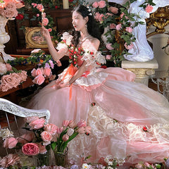 LIZAKOSHT -  vintage flower princess lace boat neck beading rose ruffles dream Palace lace up party Antique tail wedding dress NY