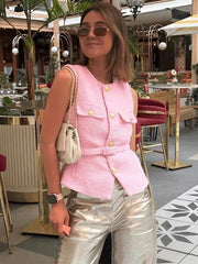 LIZAKOSHT  -  Autumn Belt Sleeveless Vest Shirt Women O Neck Patchwork Gold Button Cardigan Tops 2025 Street Elegant Casual Tank Top