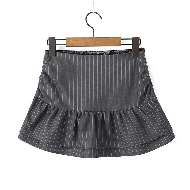 LIZAKOSHT  -  Y2K Cool Girls Drawstring Striped Mini Skirts Women Sexy Low Waist Lace Trim Summer Skirts