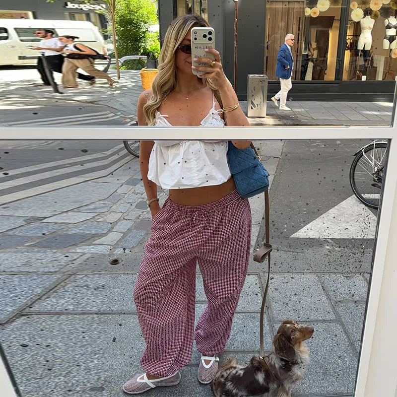 LIZAKOSHT  -  Elastic Drawstring Plaid Jogger Bottom Grid Thigh Cut Ankle Cuffs Summer Autumn Indoor Casual Lady  Vintage Cozy Outfit