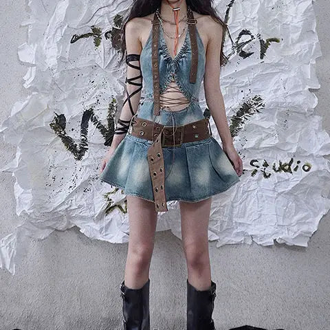 LIZAKOSHT  -  Dress Denim Hollow Strap Short Hot Girl American Niche Temperament Super Cool Niche Design Pleated Dress