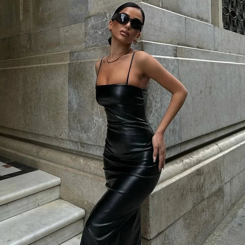 LIZAKOSHT  -  Solid Color Women Clothing Summer Fashion PU Sexy Open Back Lace-Up High Waist Wrap Hip Split Spaghetti Strap Dress