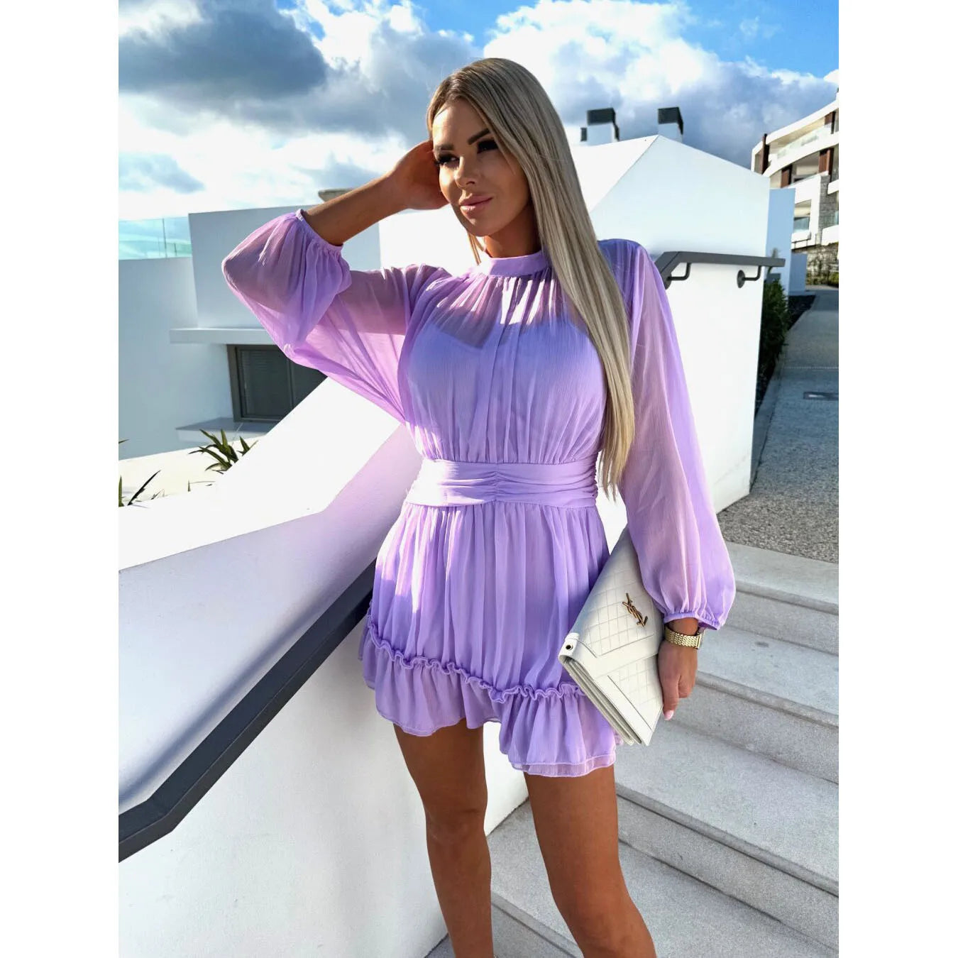 LIZAKOSHT  -  Sweet Casual Vaion Dr Women's Stand Collar Chiffon A-Line Skirt Ele Folded High Waist Spring Summer Long Sve