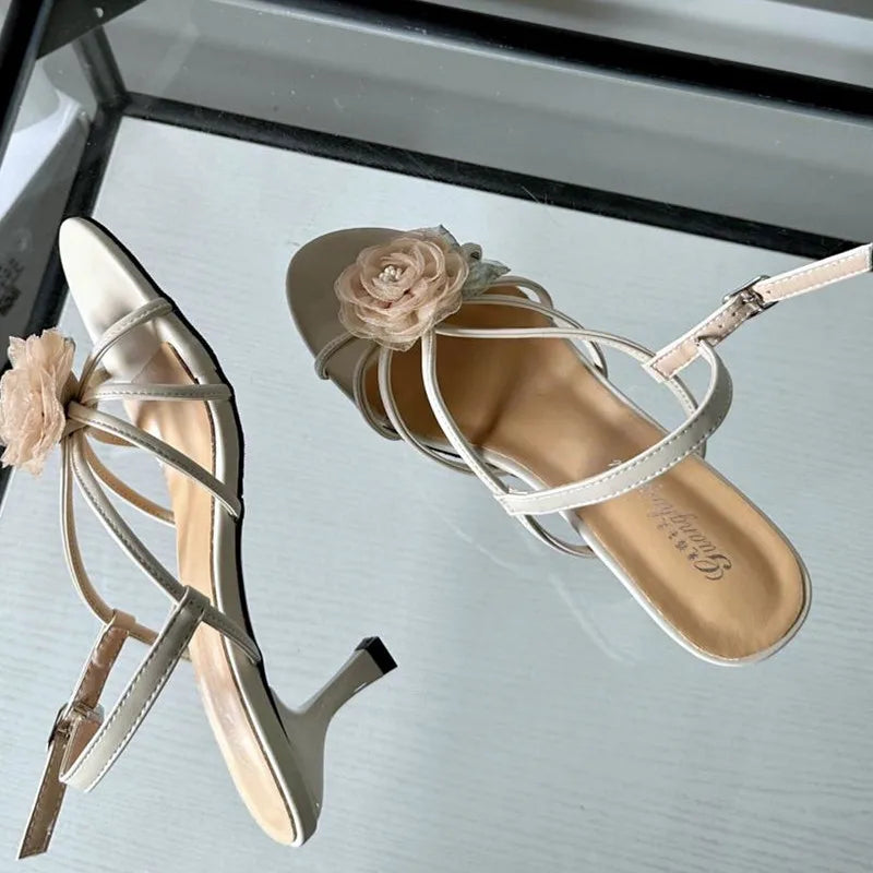LIZAKOSHT  -  Floral Narrow Strap Designer Branded Sandals for Ladies Summer Open Toe Low Heeled Pumps Elegant Party Dress Buckle High Heels