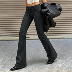 LIZAKOSHT  -   Women Low Waist Flare Suit Pants Double Button Slim Bootcut Trousers Solid Dark Gray Vintage Office Business Casual Streetwear
