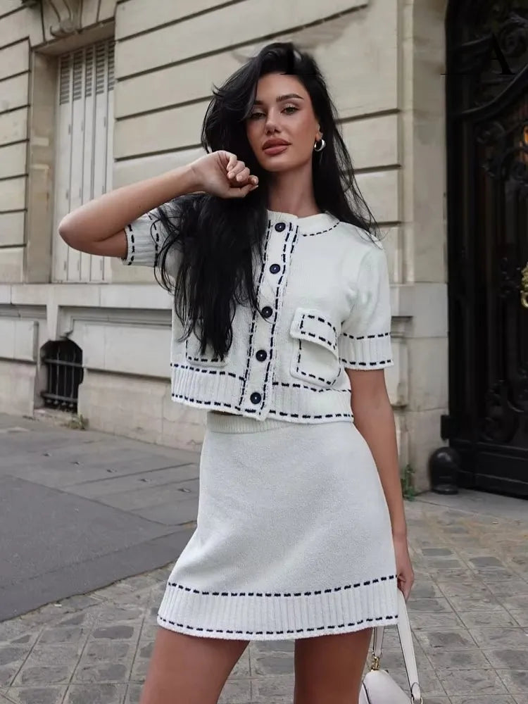 LIZAKOSHT  -  Elegant Knitted Cardigan Coat Women Fashion Single-Breasted Pockets Short Sleeve Crop Sweater 2025 New Summer Casual Slim Tops