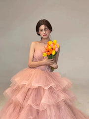LIZAKOSHT -  Sweet Pink Prom Dresses Flounce Applique Tulle Sleeveless Woman Ribbon Ball Gown Bridesmaid Plus Size Party Evening Gowns 2024