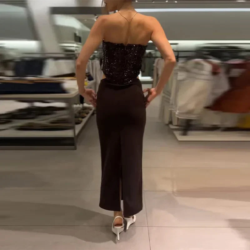 LIZAKOSHT  -  Sexy Sequin Patchwork Party Dress Brown Backless Sleeveless Tube Top Hollow Out Long Dresses 2025 Summer Solid High Street Robes