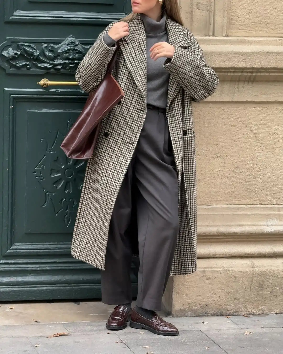LIZAKOSHT  -  Double Breasted Plaid Pattern Woolen Overcoat Women Fashion Lapel Long Sleeve Loose Coats Lady Winter Daily Commute Coat