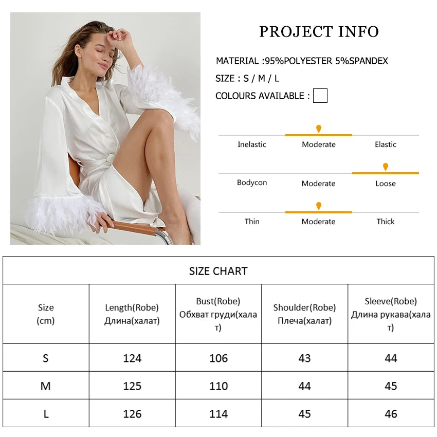 LIZAKOSHT  -  Soft White Wedding Robe Bridal Feather Sleeves Gown Bride Silk Boudoir Robes Satin Bridal Lingerie Long Bathrobe Handmade Kimono