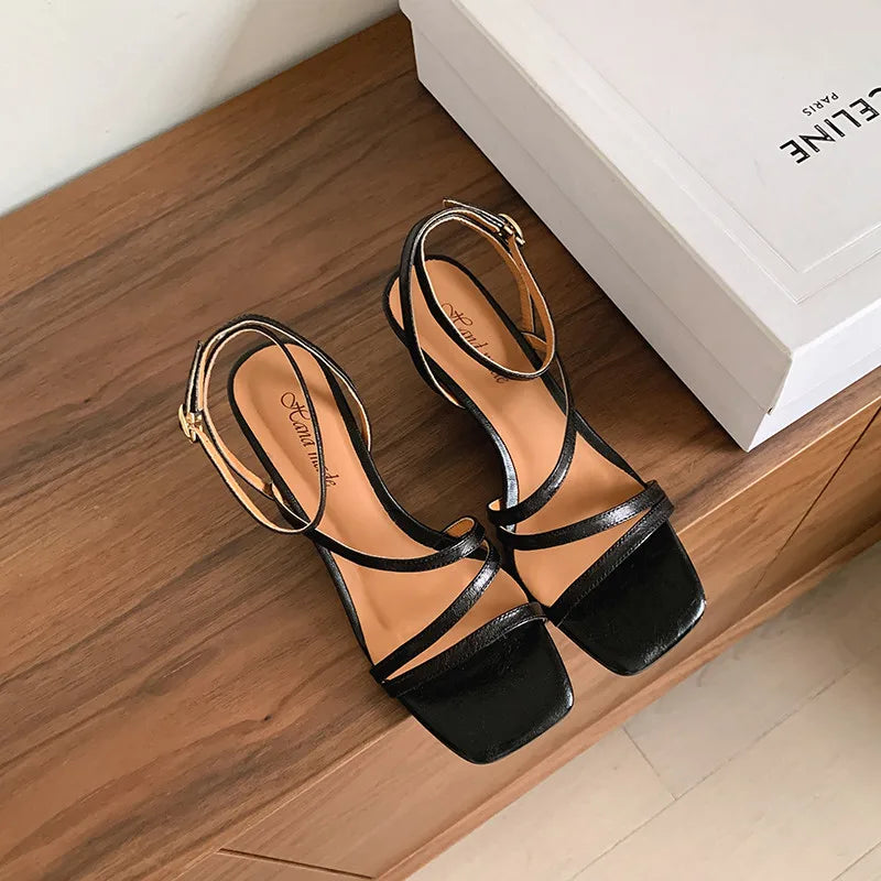 LIZAKOSHT  -  Fashion Sandals Women's New Genuine Leather Simple Slim Strap Ankle Buckle High Heels Commuter Modern Summer Open Shoes
