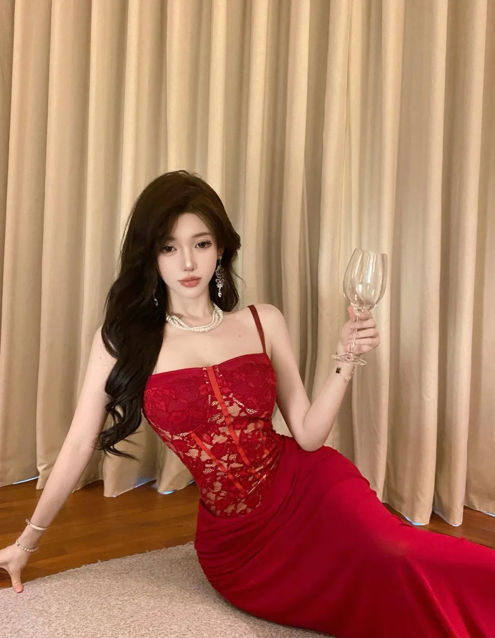 LIZAKOSHT  -  Women's Pure Desire Wind Red Lace Waist Dress Dress