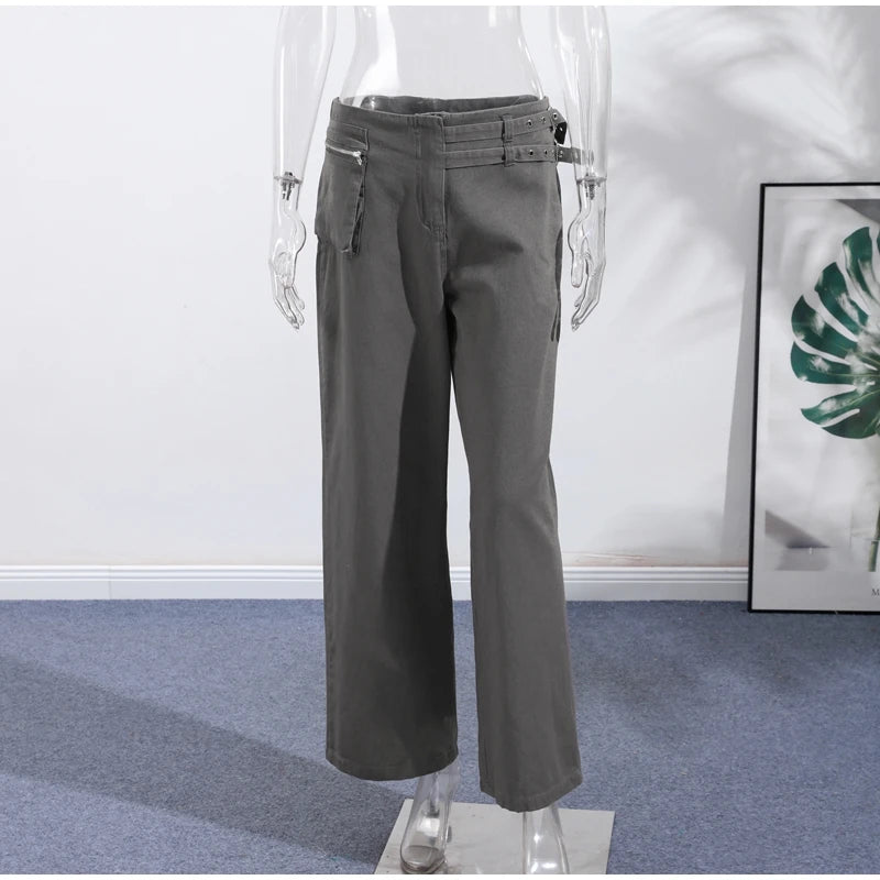 LIZAKOSHT  -  Street Belt Women Jeans Mid Waist Wide Leg Pockets Loose Female Denim Pants Autumn New Fashion All-match Lady Trousers
