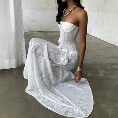 LIZAKOSHT  -  Summer Lace Strapless 3D Flowers Appliques Long Sleeveless Prom Club Dress See Through Sexy Solid Sheath Dress Vestidos
