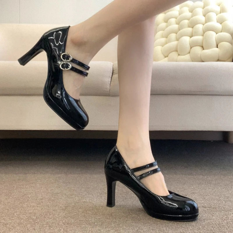 LIZAKOSHT  -  Designer Luxury Thick Heel Women Mary Jane Shoes Concise Shallow Belt Buckle Shoes Ladies Outdoor Elegant Dress Dancing Pumps