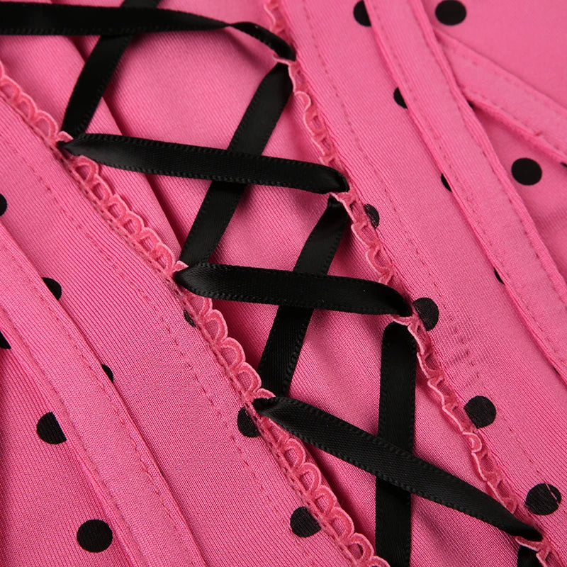 LIZAKOSHT  -  Fashionable Pink and Black Seductive Niche Polka Dot Strap Strap Top+sexy Sweet Striped Pleated Skirt