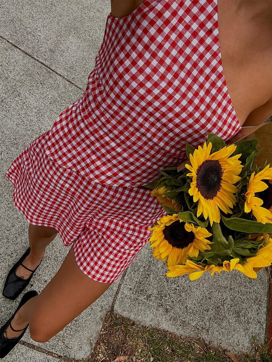 LIZAKOSHT  -  Women Casual 2 Piece Shorts Suits Summer Sleeveless One Shoulder Back Tie Up Tank Tops + High Waist Loose Shorts Sets Loungewear