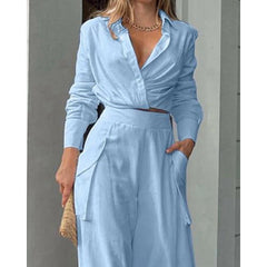 2024 Women Solid Long Sleeve Ruched Crop Shirt & High Waist Pants Work Suit Sets Female V-Neck Top 2 Pieces Suit Sets Casual