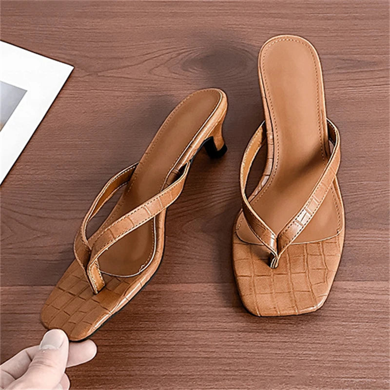 LIZAKOSHT  -  Summer Fashion Square Clip Toe Thin Low Heels Women Slippers Elegant Flip Flops Ladies Shoes Outdoor Casual Sandals