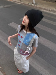 LIZAKOSHT  -  Korean chic  Summer O Neck Short Sleeve Geometric Print Cartoon Slim Women's T-shirts