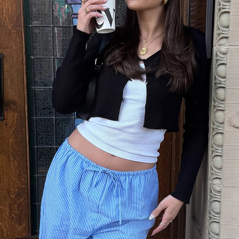 LIZAKOSHT  -  Elegant Women's Clothing 2025 Knitted Ribbed Early Autumn Long-sleeved Buttons Cardigan Cropped Cardigan Tops Outerwear