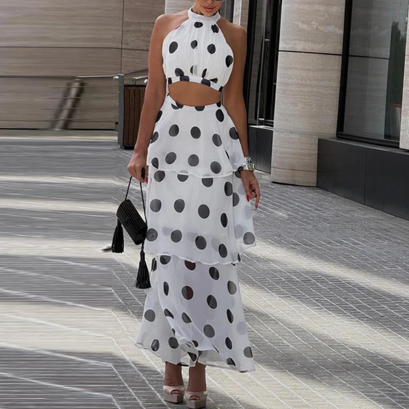 LIZAKOSHT  -  Polka Dot Print Holiday Skirt Outfits Sexy Halter Sleeveless Top & Layered Ruffle Skirt Set Women Elegant Luxury Slim 2Pc Suits
