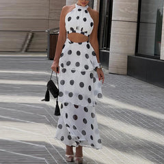 LIZAKOSHT  -  Polka Dot Print Holiday Skirt Outfits Sexy Halter Sleeveless Top & Layered Ruffle Skirt Set Women Elegant Luxury Slim 2Pc Suits