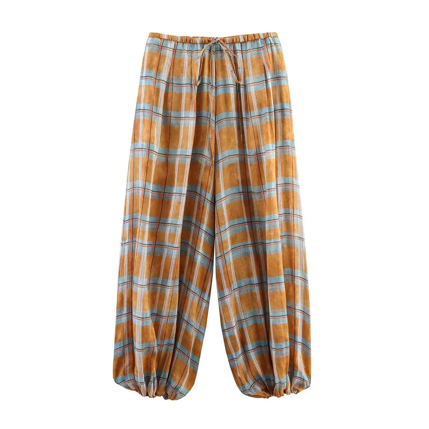 LIZAKOSHT  -  Women Autumn New Ramie Bloomers Plaid Printed Loose Pants Female Fashion Versatile Drawstring Streetwear Casual Trousers