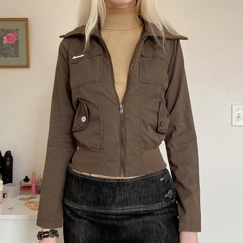 LIZAKOSHT  -  Streetwear Zipper Turn Down Collar Cargo Jackets For Women Multi Pockets Autumn Winter Outwear Y2K Coat Brown Vintage