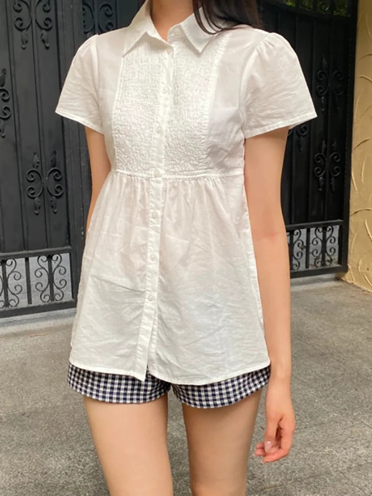 LIZAKOSHT  -  White Folds Patchwork Slim T-shirt Blouse Woman Turn Down Collar Single Breasted Thin Shirt Summer New Sweet Cotton Tee Tops Y2k