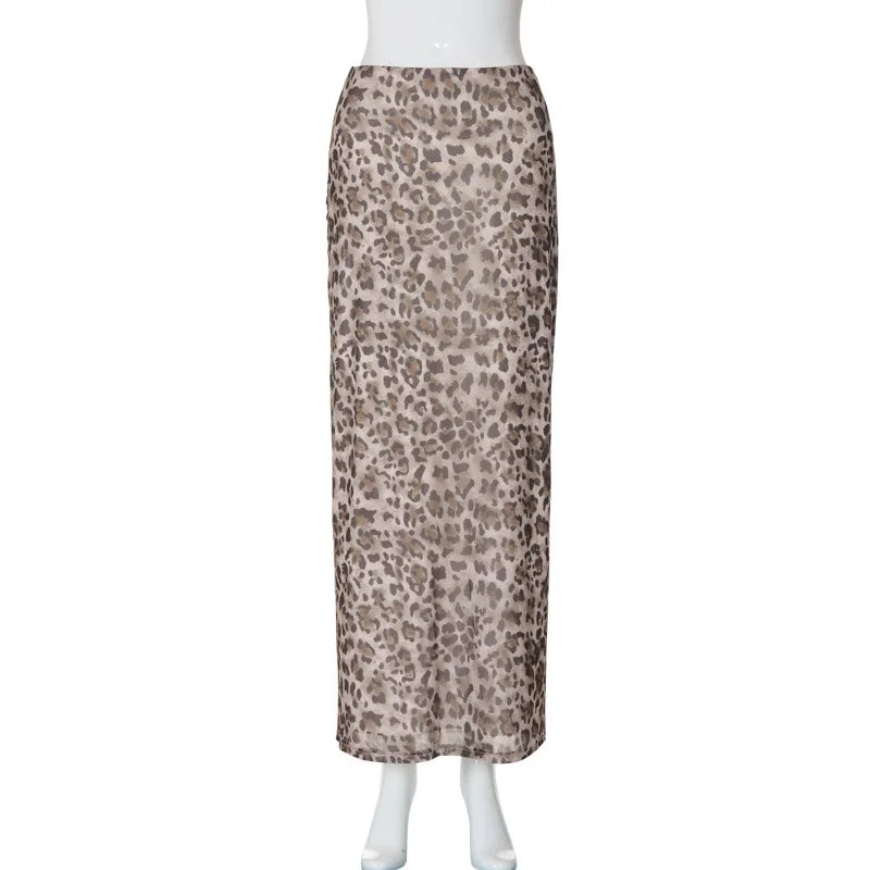 LIZAKOSHT  -  Women's Skirts Summer Fashion Chic Leopard Print Mesh Long Skirt Female Clothing High Waist Slim Dress Streetwear