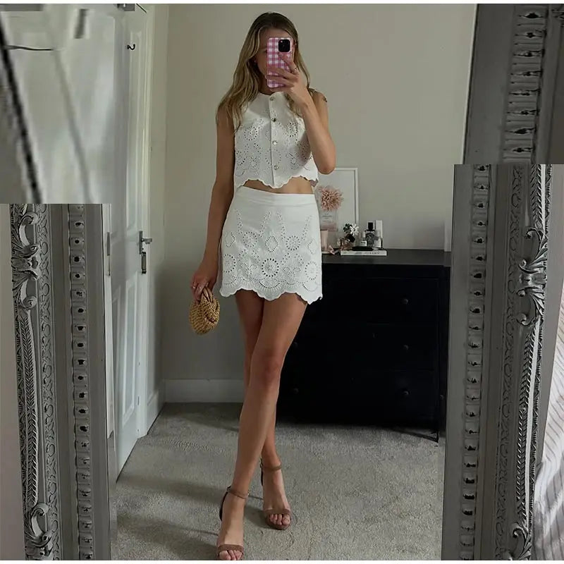 LIZAKOSHT  -  Fashion Hollow Out Vest Skirt Women Set Sleeveless O-neck Single Breasted Top Min Empire Skirts 2025 Summer Chic Lady Outfit