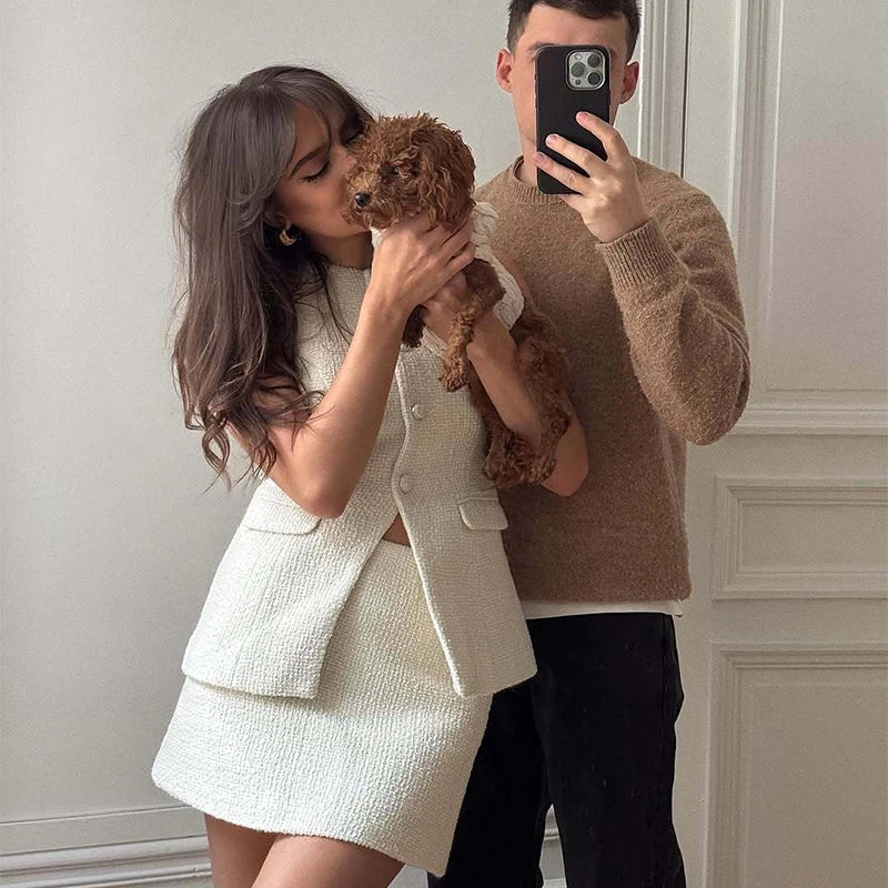 LIZAKOSHT  -  Elegant Tweed Vest Mini Skirt Woman's Set Vintage White O-neck Single Breasted Vests A-lined Skirts Sets Lady Chic Street Outfit