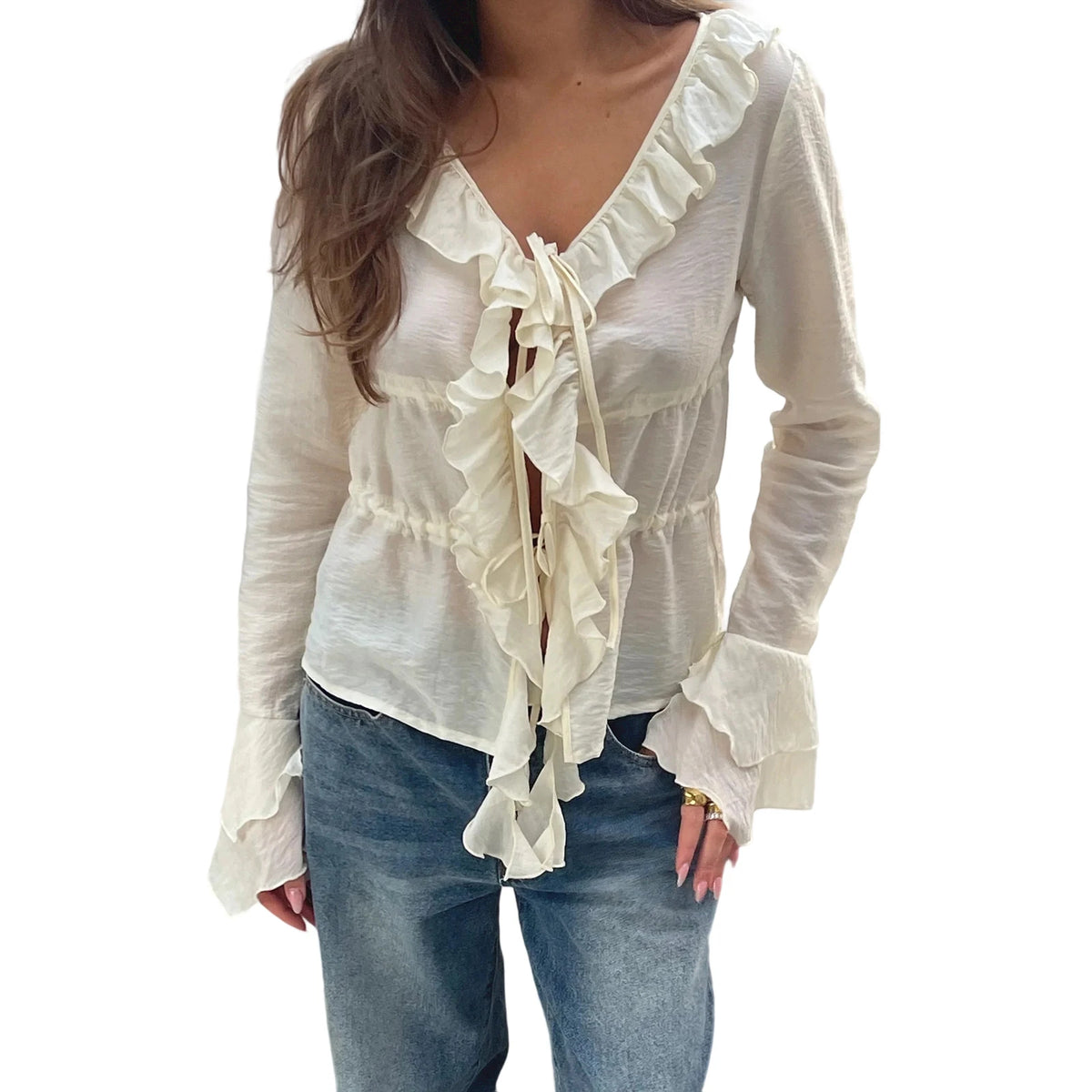 LIZAKOSHT  -  Elegant Women s V-Neck Peplum Blouse with Flowy Front Bow Tie Long Sleeve and Ruffle Trim Detail for a Stylish Look