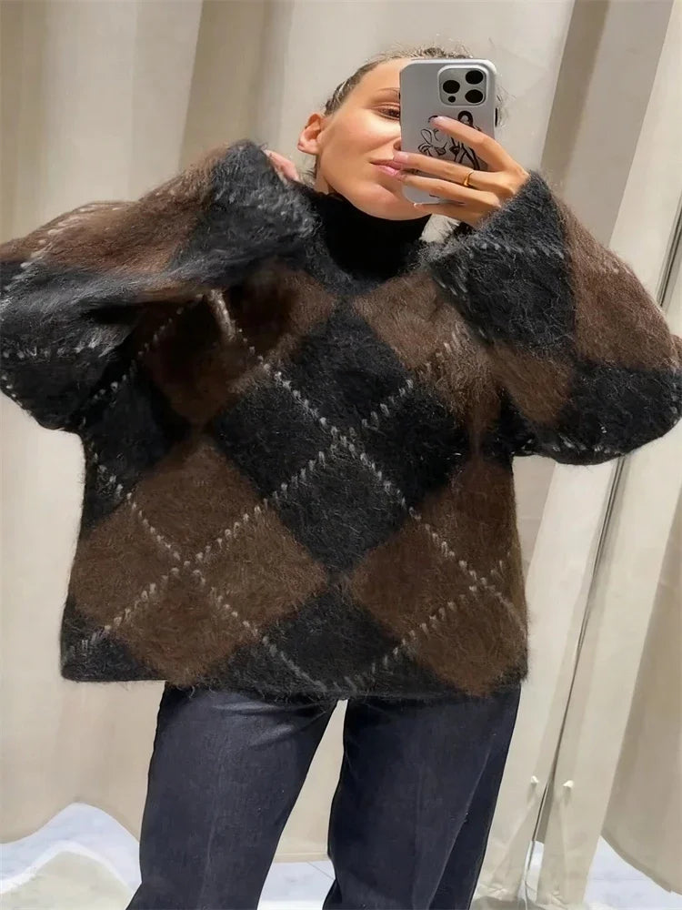 LIZAKOSHT  -  Women's Brown Argyle Pattern Turtleneck Sweater Fluffy Knit Long Sleeve Casual Pullover 2025 Autumn Winter Female Warm Knitwear
