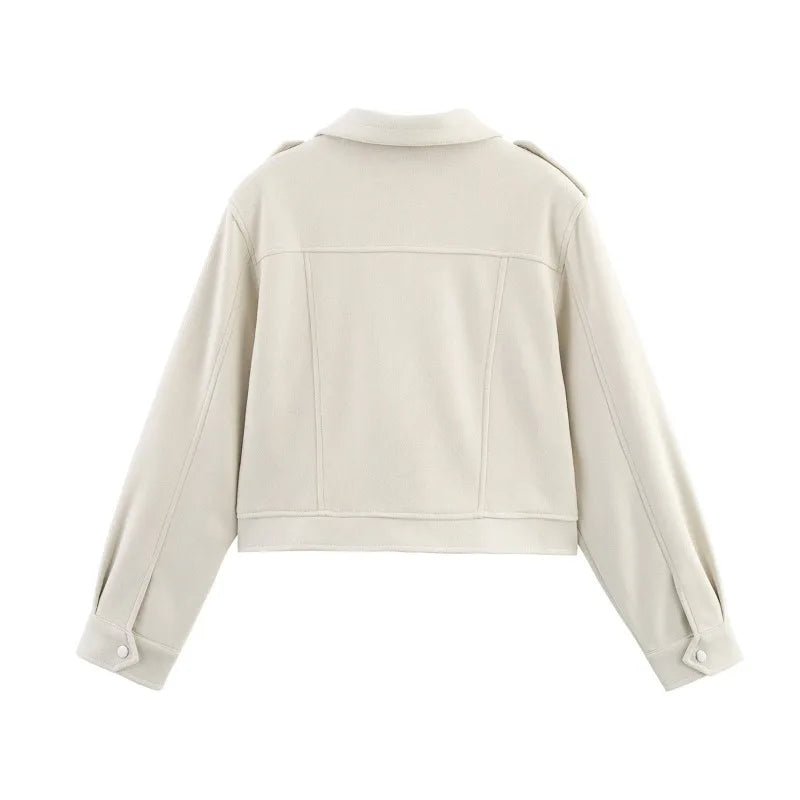 LIZAKOSHT  -  Chic Fashion 2025 Autumn Temperament Jacket Beige Streetwear Women Outwear Zipper High Street Casual Turn-down Collar Pockets