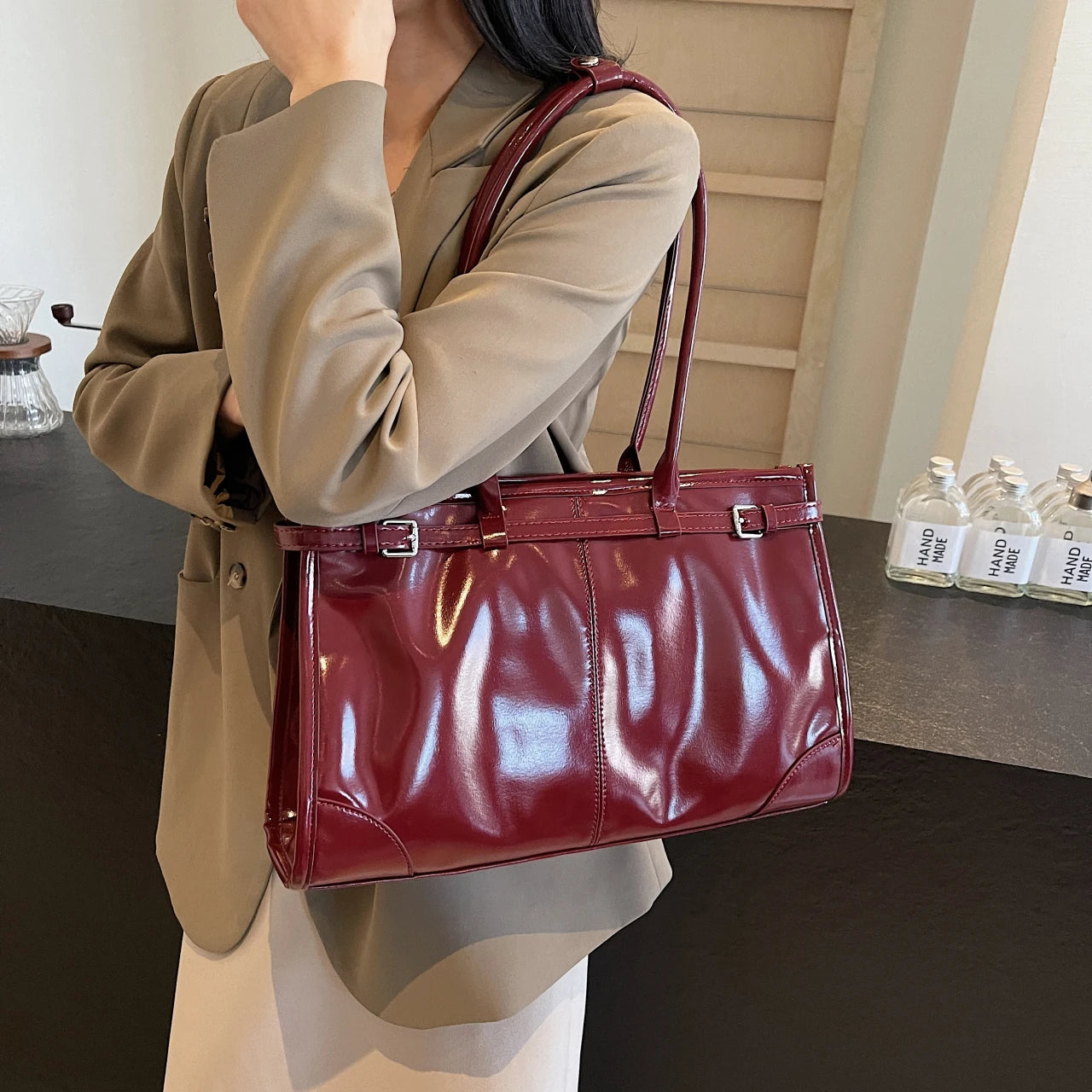 LIZAKOSHT  -  Shiny PU Leather Handbags Women Large Solid Elegant Shoulder Bags Classic Female Packages England Style Retro Casual Totes Lady