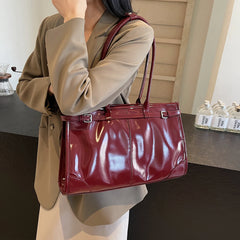 LIZAKOSHT  -  Shiny PU Leather Handbags Women Large Solid Elegant Shoulder Bags Classic Female Packages England Style Retro Casual Totes Lady
