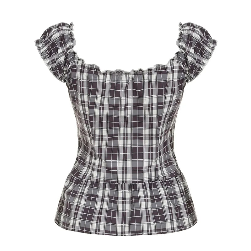 LIZAKOSHT  -  Women Plaid Folds Square Collar Y2K T-shirt Sweet Style Flying Sleeve Buttons Fitted Crop Top Cute Fashion Streetwear
