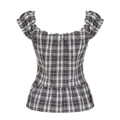 LIZAKOSHT  -  Women Plaid Folds Square Collar Y2K T-shirt Sweet Style Flying Sleeve Buttons Fitted Crop Top Cute Fashion Streetwear