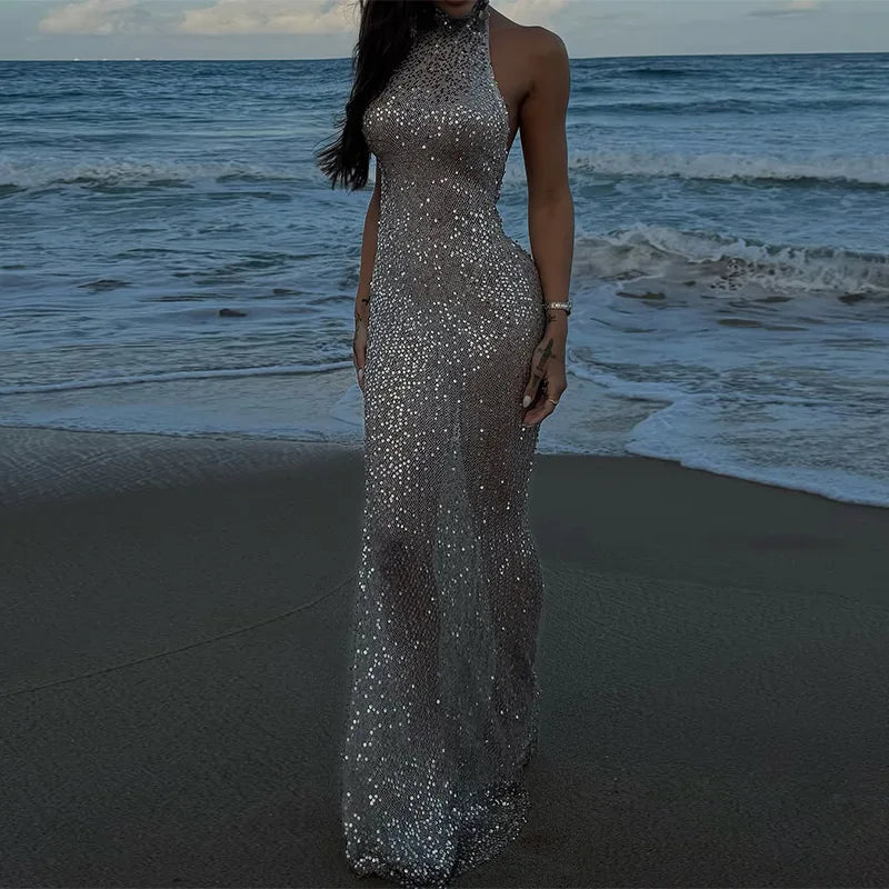 LIZAKOSHT  -  Sequin Halter Beach Dress Large Backless Neck Hanging Waist Cinched Slim Fit Wrap Hip Long Dresses Micro Perspective Sexy Robes