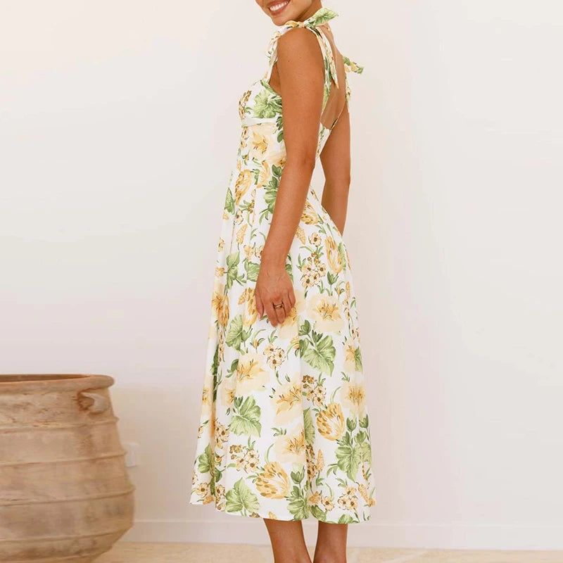 LIZAKOSHT  -  Fashion Floral Print High Waist Long Dress Casual Women Off Shoulder Pleated Beach Dress Sexy Sleeveless Holiday Suspender Dress