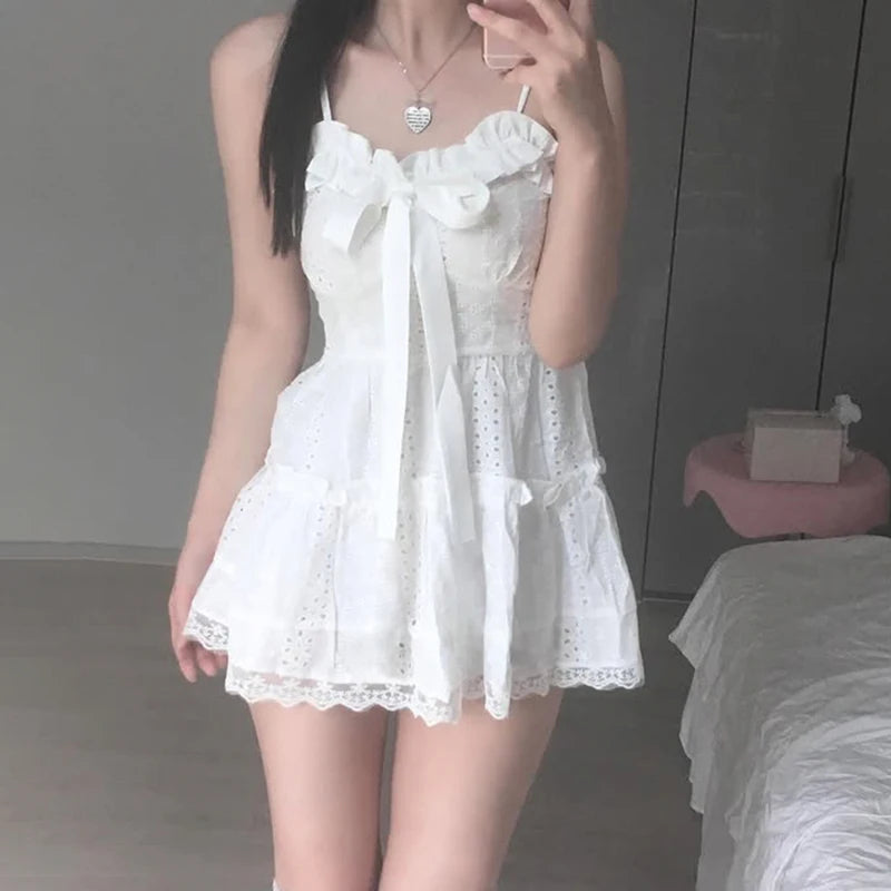 LIZAKOSHT  -  Ruched Lace Patchwork Sleeveless A-line Dress Lolita Style Holiday Party Bow Decorate Princess Mini Robe Sweet Outfit